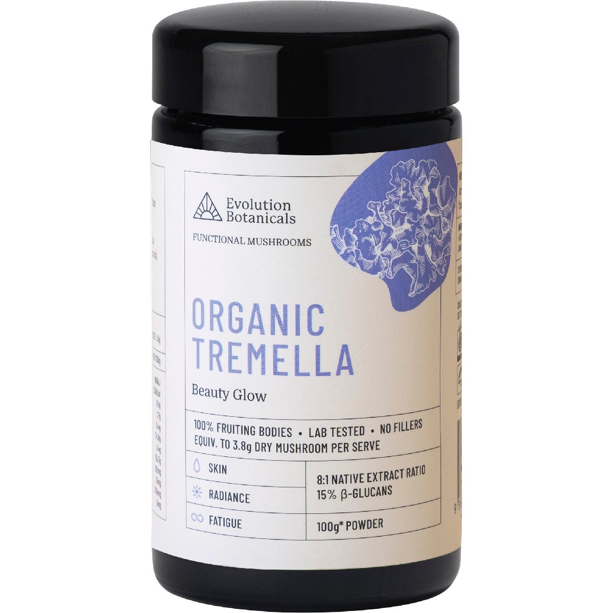100g jar of Evolution Botanicals Organic Tremella Beauty Glow powder with a dark violet glass and gold-accented label.