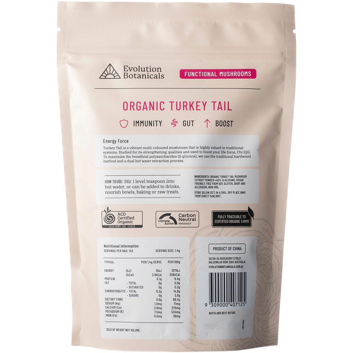 Back of a 200g pouch of Evolution Botanicals Organic Turkey Tail showing ingredients and nutritional information.