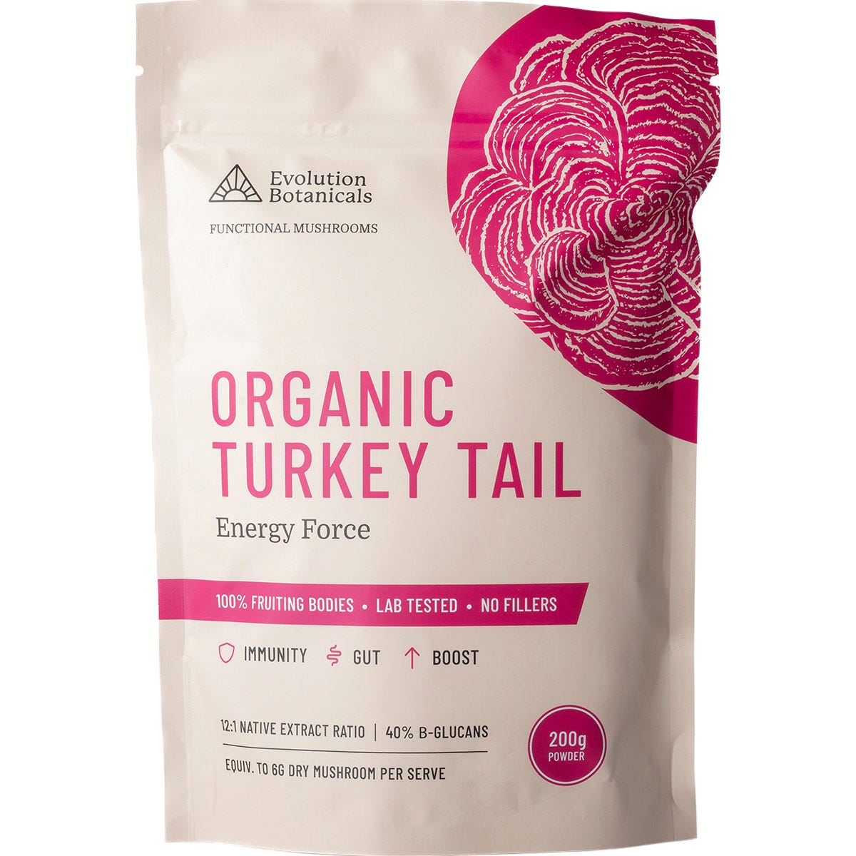 200g pouch of Evolution Botanicals Organic Turkey Tail Energy Force mushroom extract powder on a white background.