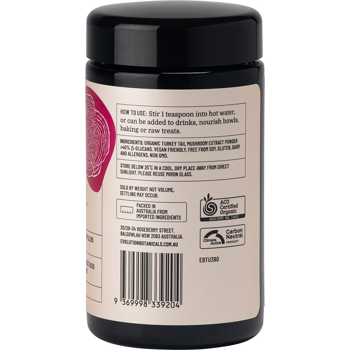 Side view of a 90g jar of Evolution Botanicals Organic Turkey Tail Energy Force highlighting product benefits.