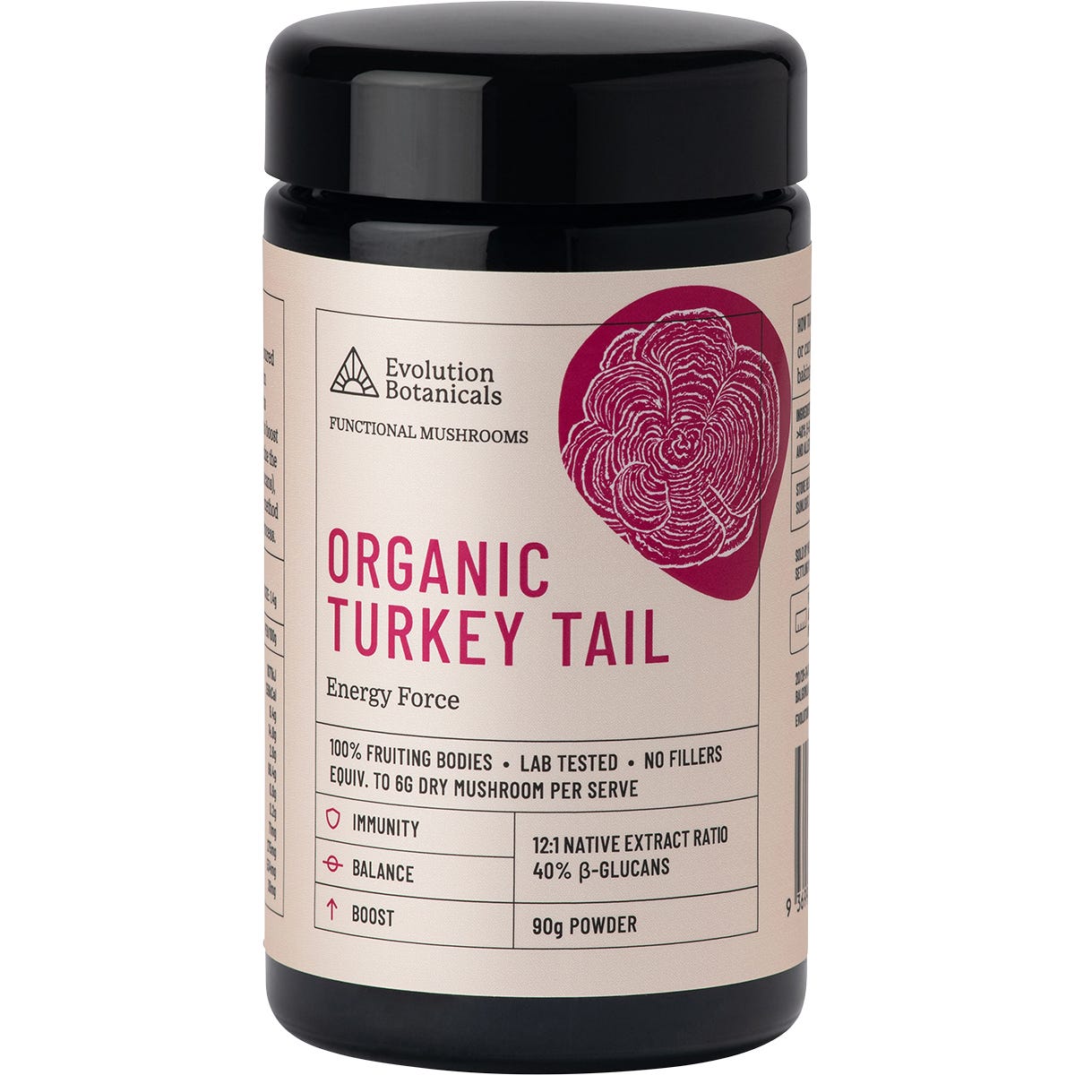 90g jar of Evolution Botanicals Organic Turkey Tail Energy Force mushroom extract powder.