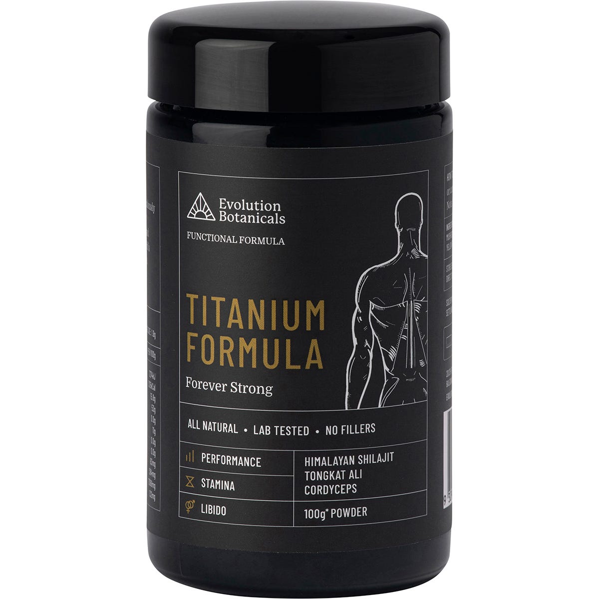 100g jar of Evolution Botanicals Titanium Formula Forever Strong powder.