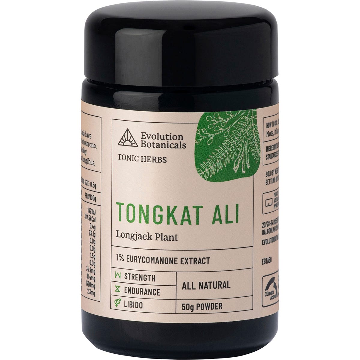 Evolution Botanicals Tongkat Ali 50g jar with a black lid, showcasing a botanical label on a white background.