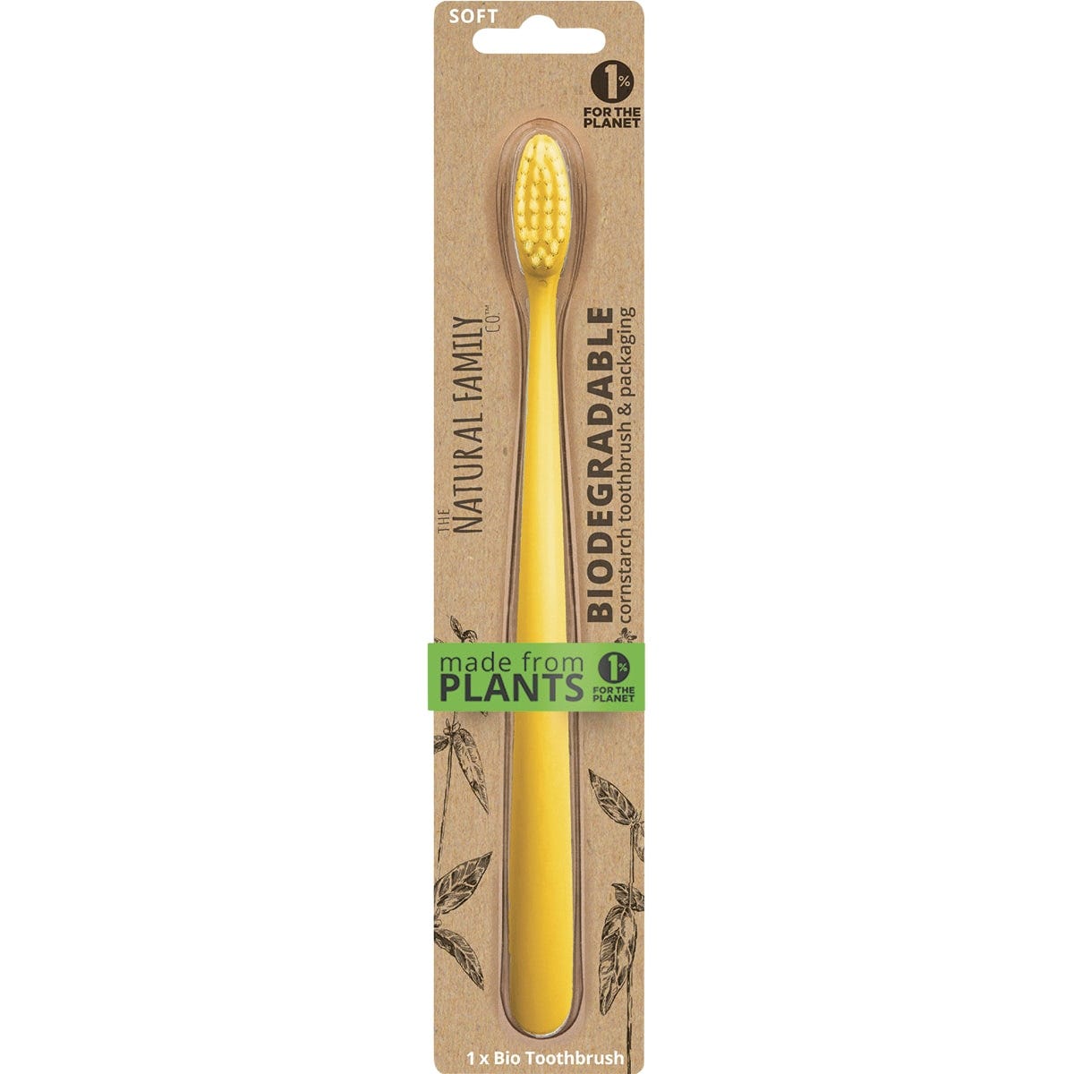 Close-up of assorted NFco Bio Toothbrushes with neon handles and soft bristles on a white background.