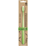 Eight NFco neon bio toothbrushes in assorted colors with cornstarch handles and soft bristles on a white background.