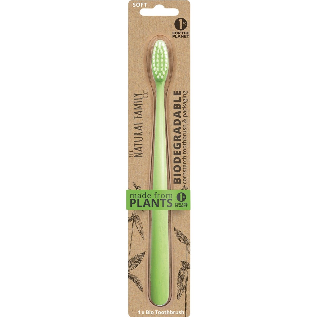 Eight NFco neon bio toothbrushes in assorted colors with cornstarch handles and soft bristles on a white background.