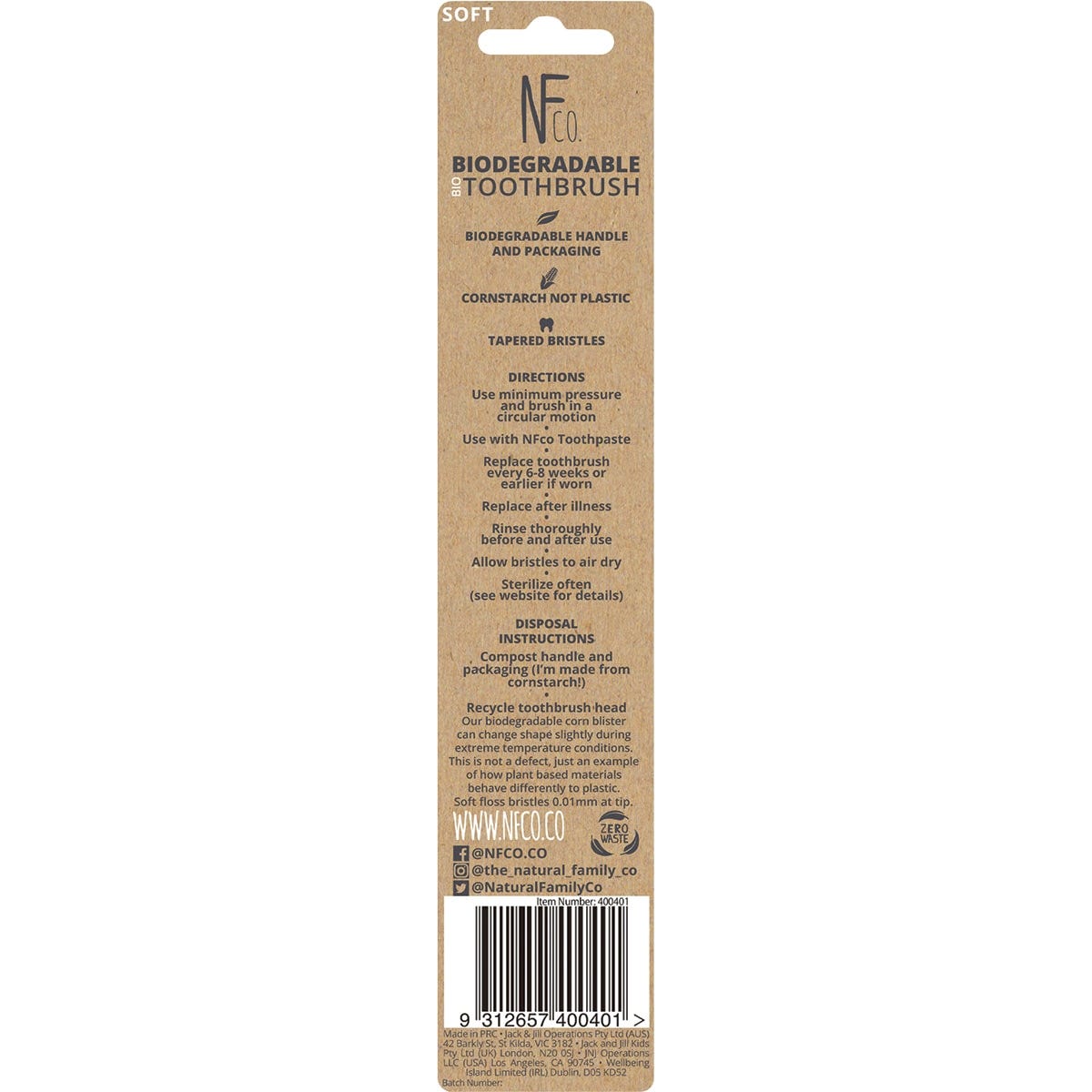 Back of NFco Bio Toothbrush 8-pack packaging showing product features, directions, and sustainability information.