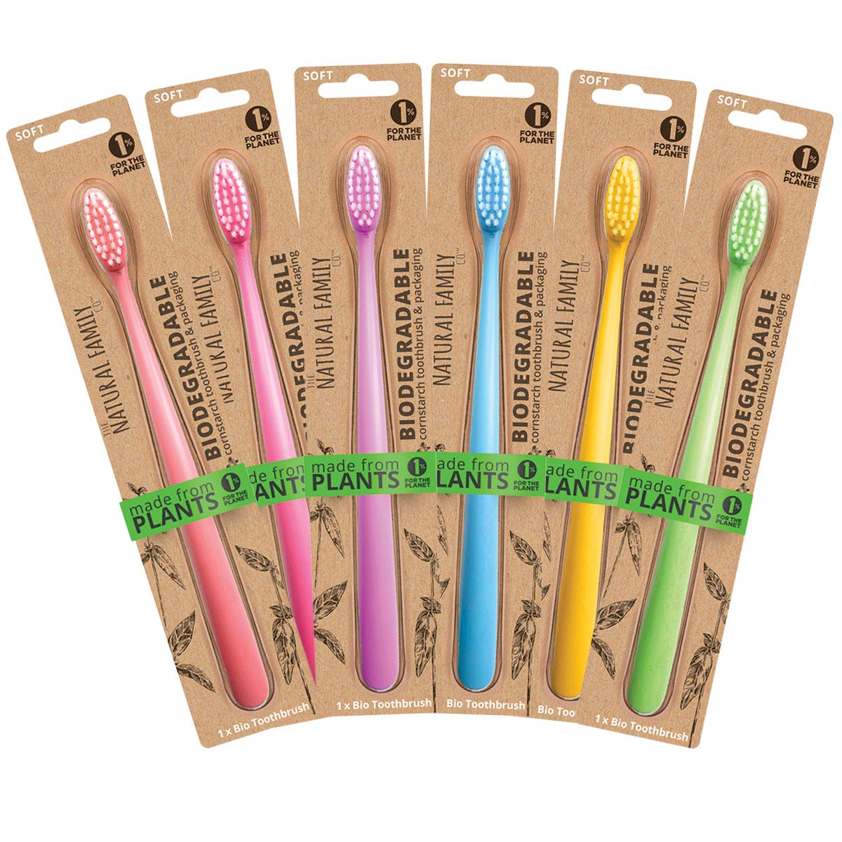 8-pack of NFco Bio Toothbrushes in assorted neon colors with biodegradable cornstarch handles and soft bristles.