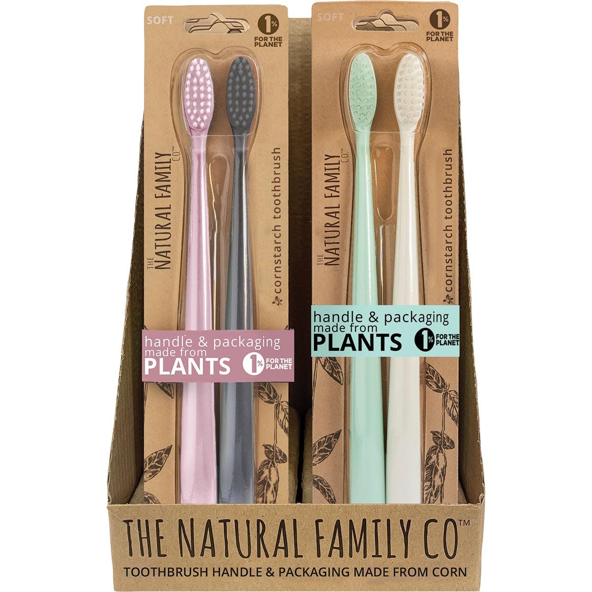 Retail display box containing eight twin packs of NFco. Bio soft toothbrushes in assorted colors.