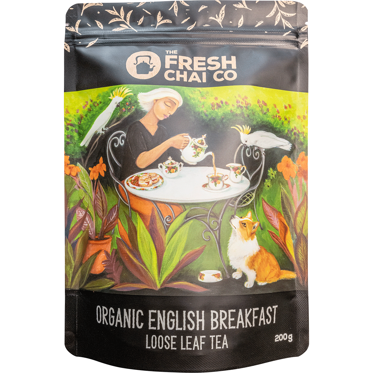 200g bag of The Fresh Chai Co. Organic English Breakfast loose leaf black tea with white and gold label.