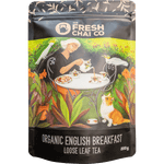 200g bag of The Fresh Chai Co. Organic English Breakfast loose leaf black tea with white and gold label.