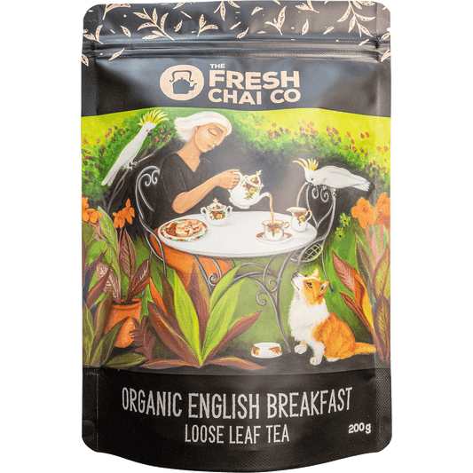 200g bag of The Fresh Chai Co. Organic English Breakfast loose leaf black tea with white and gold label.