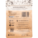 Back of The Fresh Chai Co. Organic English Breakfast 200g tea bag with brewing instructions and organic certification.