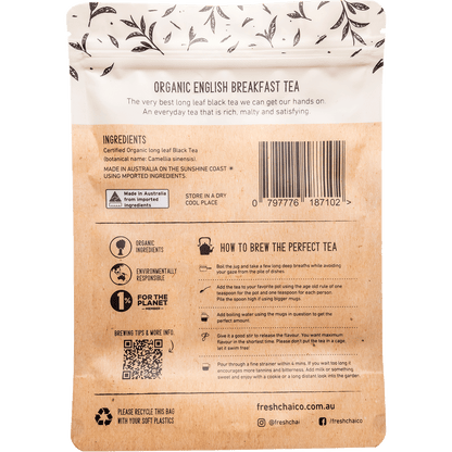 Back of The Fresh Chai Co. Organic English Breakfast 200g tea bag with brewing instructions and organic certification.