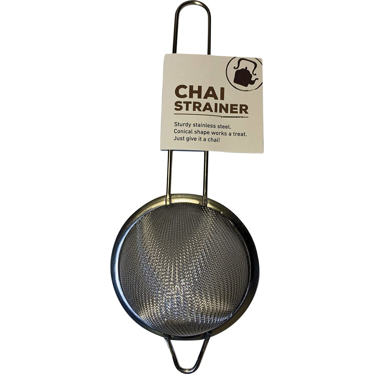 Stainless steel conical mesh chai strainer with a long handle, designed for filtering tea and spices into a cup.