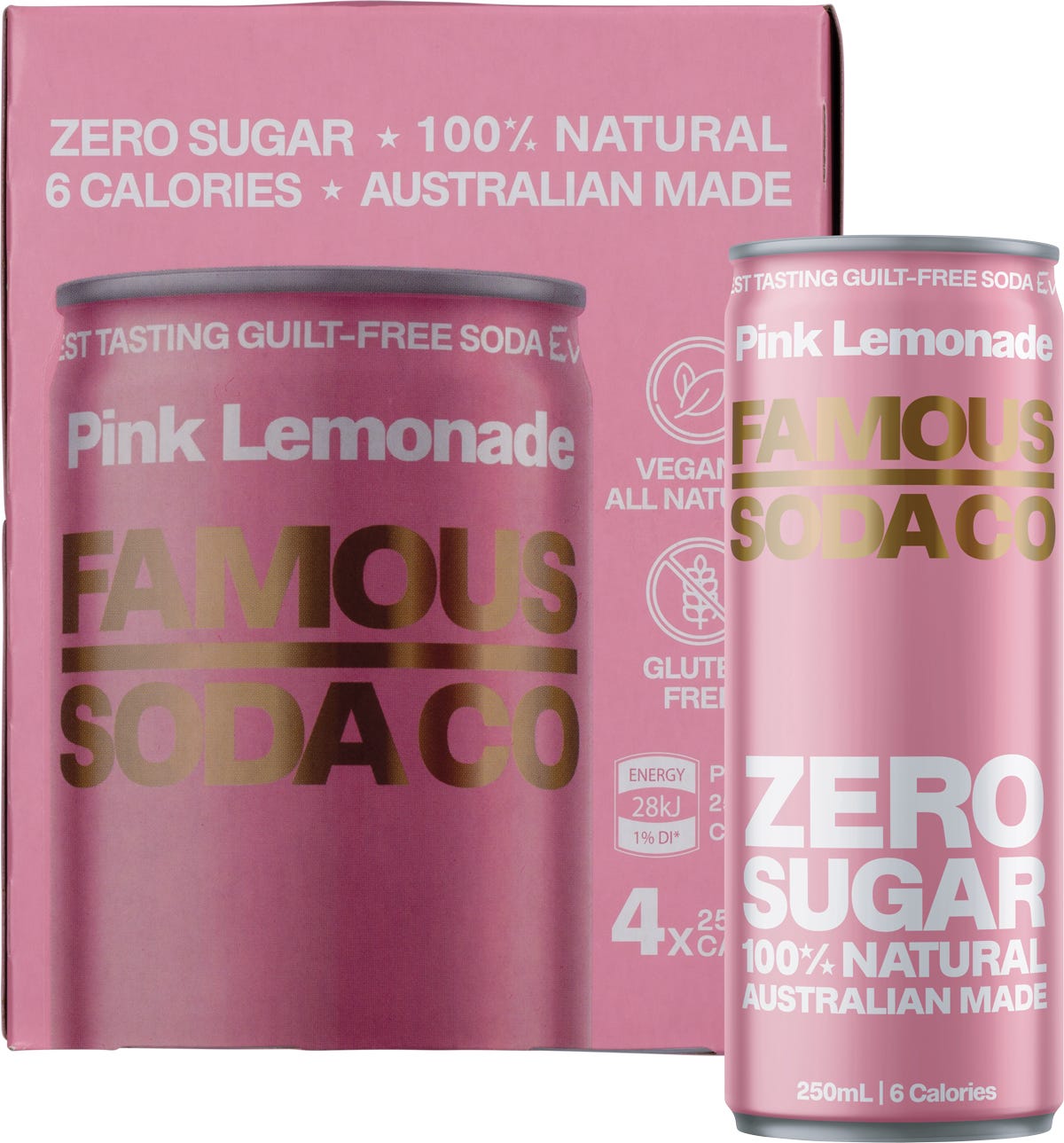 Famous Zero Sugar Soda Pink Lemonade 250ml (Pack of 4)