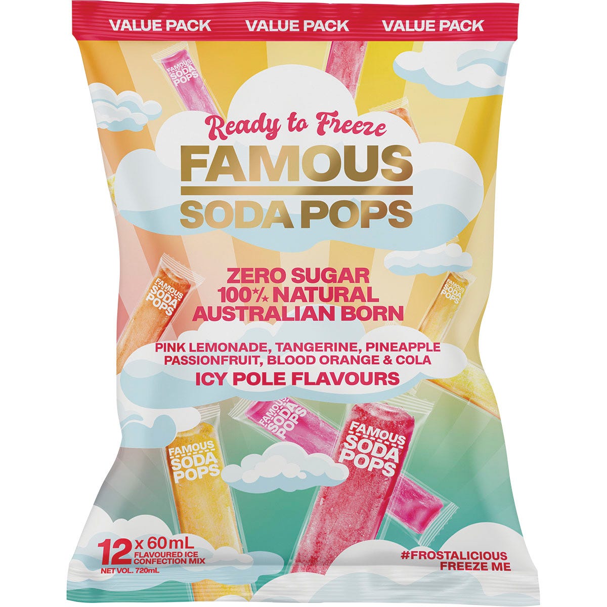 Famous Zero Sugar Soda Pops Assorted Icy Poles 60ml (Pack of 12)