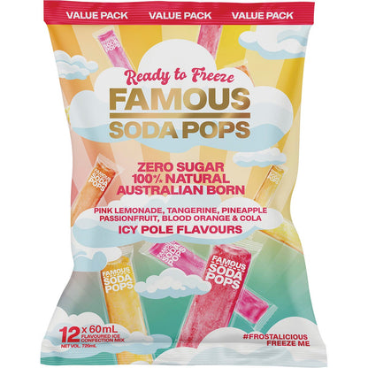 Famous Zero Sugar Soda Pops Assorted Icy Poles 60ml (Pack of 12)