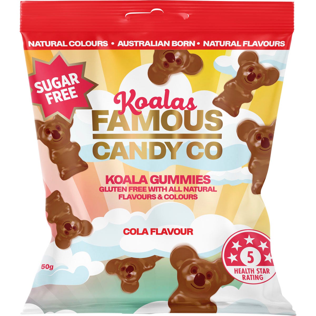 Famous Candy Co Sugar Free Cola Koala Gummies in a 50g resealable bag with a cloud and koala design.