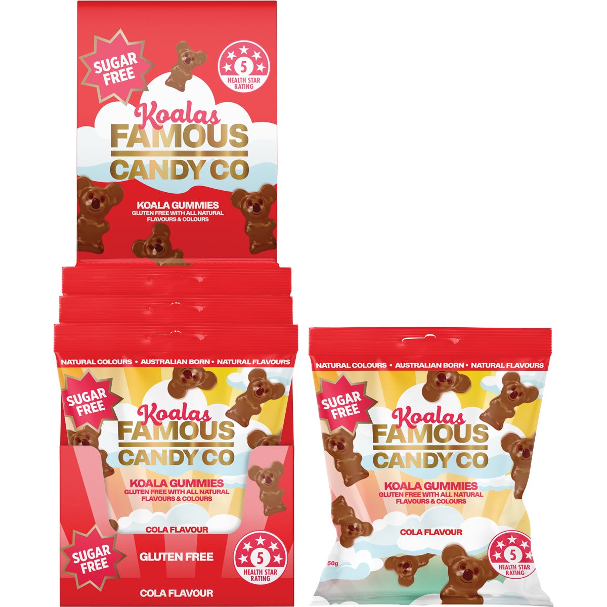 10-pack of Famous Sugar Free Cola Koala Gummies featuring a display box and a 50g resealable bag.