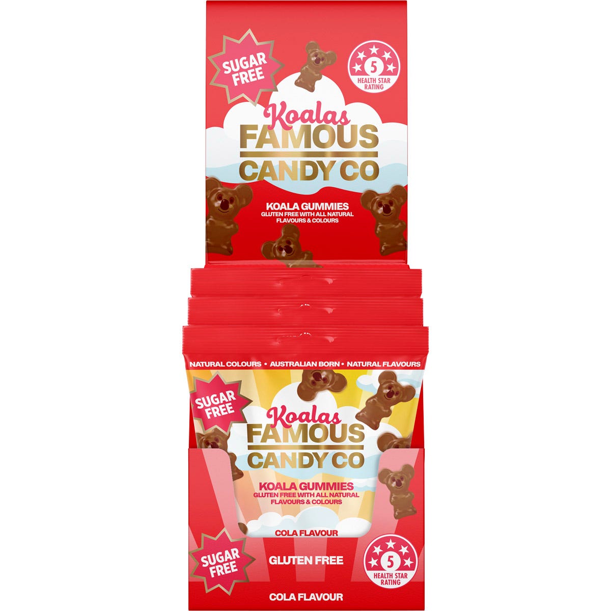 Retail display box filled with 10 individual 50g packs of Famous Sugar Free Cola Koala Gummies on a white background.