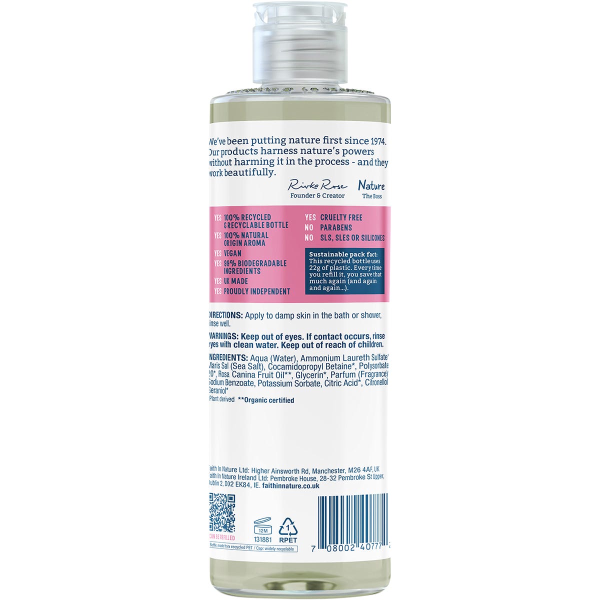 400ml bottle of Faith In Nature Wild Rose Body Wash with botanical illustrations and a black cap on a white background.