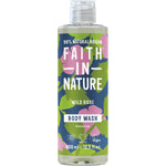 400ml bottle of Faith In Nature Wild Rose Body Wash with balancing rosehip oil and botanical illustrations.