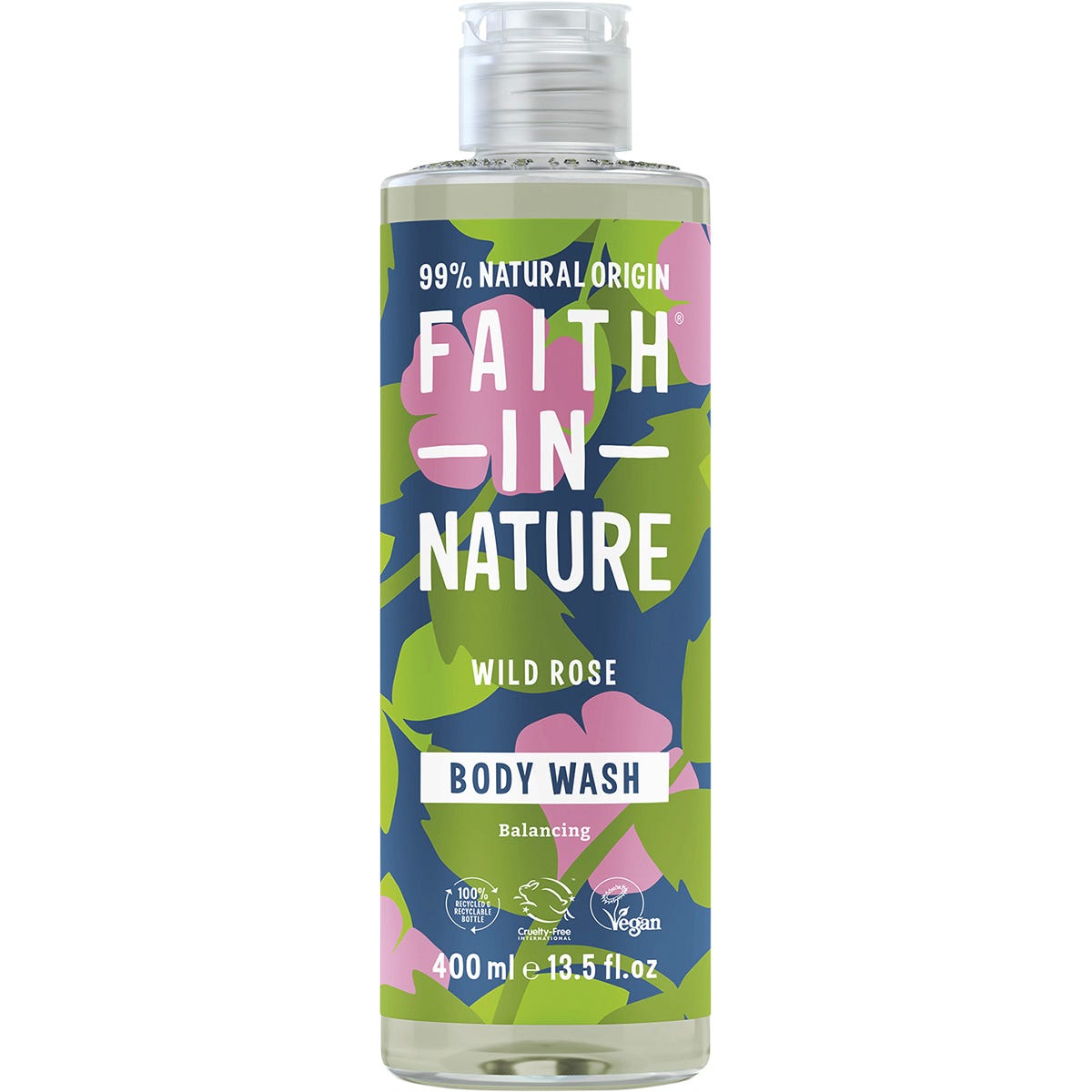 400ml bottle of Faith In Nature Wild Rose Body Wash with balancing rosehip oil and botanical illustrations.
