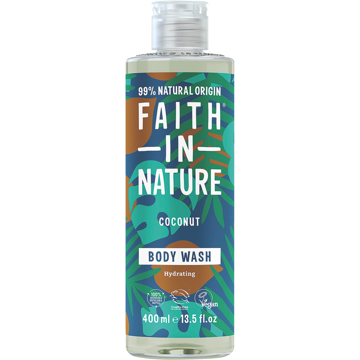 400ml bottle of Faith In Nature Coconut Body Wash featuring a blue label and a black flip-top cap.