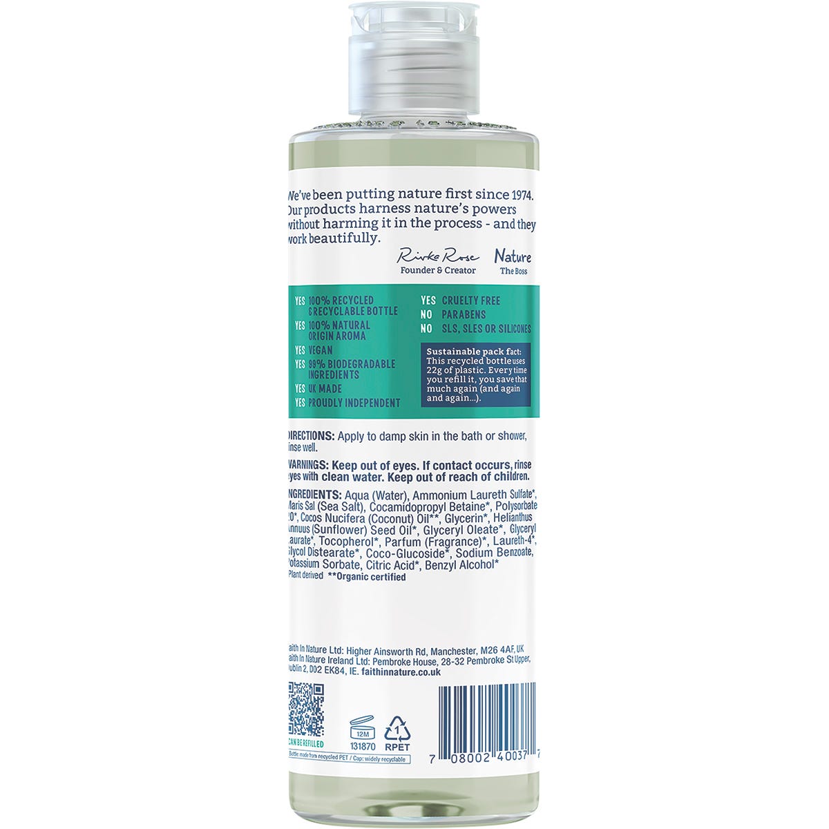 400ml bottle of Faith In Nature Coconut Body Wash with a blue label, featuring tropical coconut illustrations.