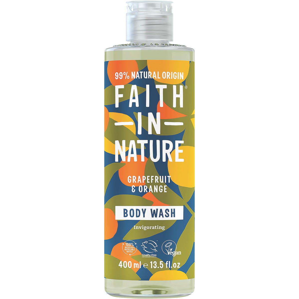 400ml bottle of Faith In Nature Grapefruit and Orange Body Wash with a blue label on a white background.
