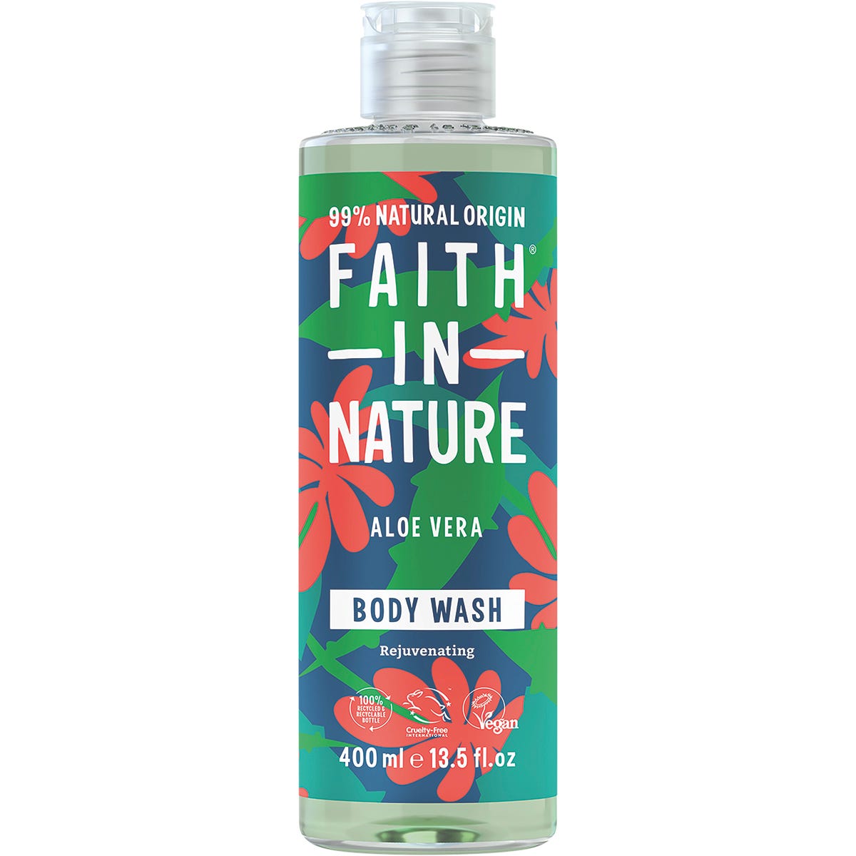 Faith In Nature 400ml Aloe Vera Body Wash in a clear recyclable bottle with a green label and silver cap.