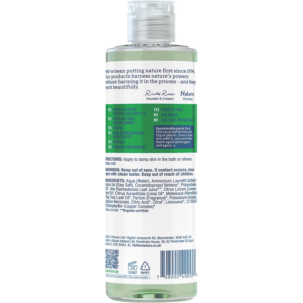 Faith In Nature 400ml Aloe Vera Body Wash in a clear bottle with a green label showing aloe vera and citrus.