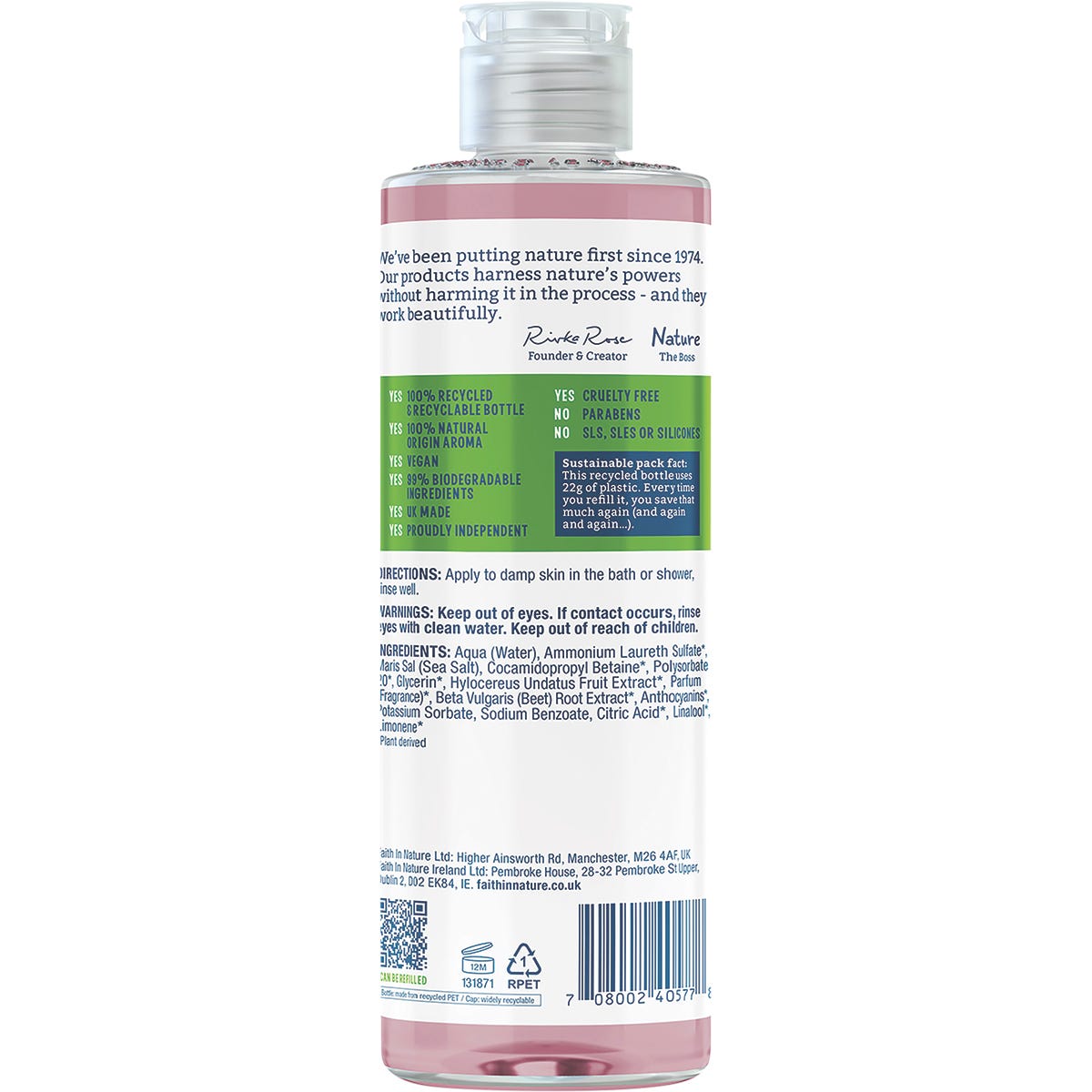 400ml bottle of Faith In Nature Dragon Fruit Body Wash with a pink label on a white background.