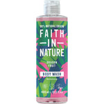 400ml bottle of Faith In Nature Dragon Fruit Body Wash featuring a vibrant pink label with dragon fruit illustrations.