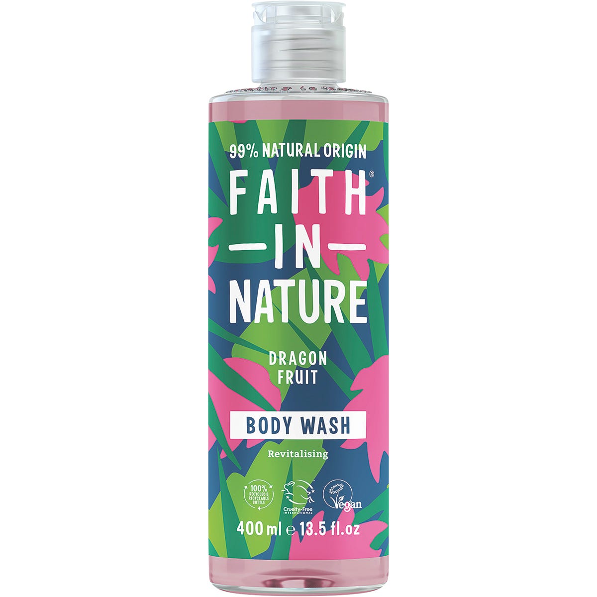 400ml bottle of Faith In Nature Dragon Fruit Body Wash featuring a vibrant pink label with dragon fruit illustrations.