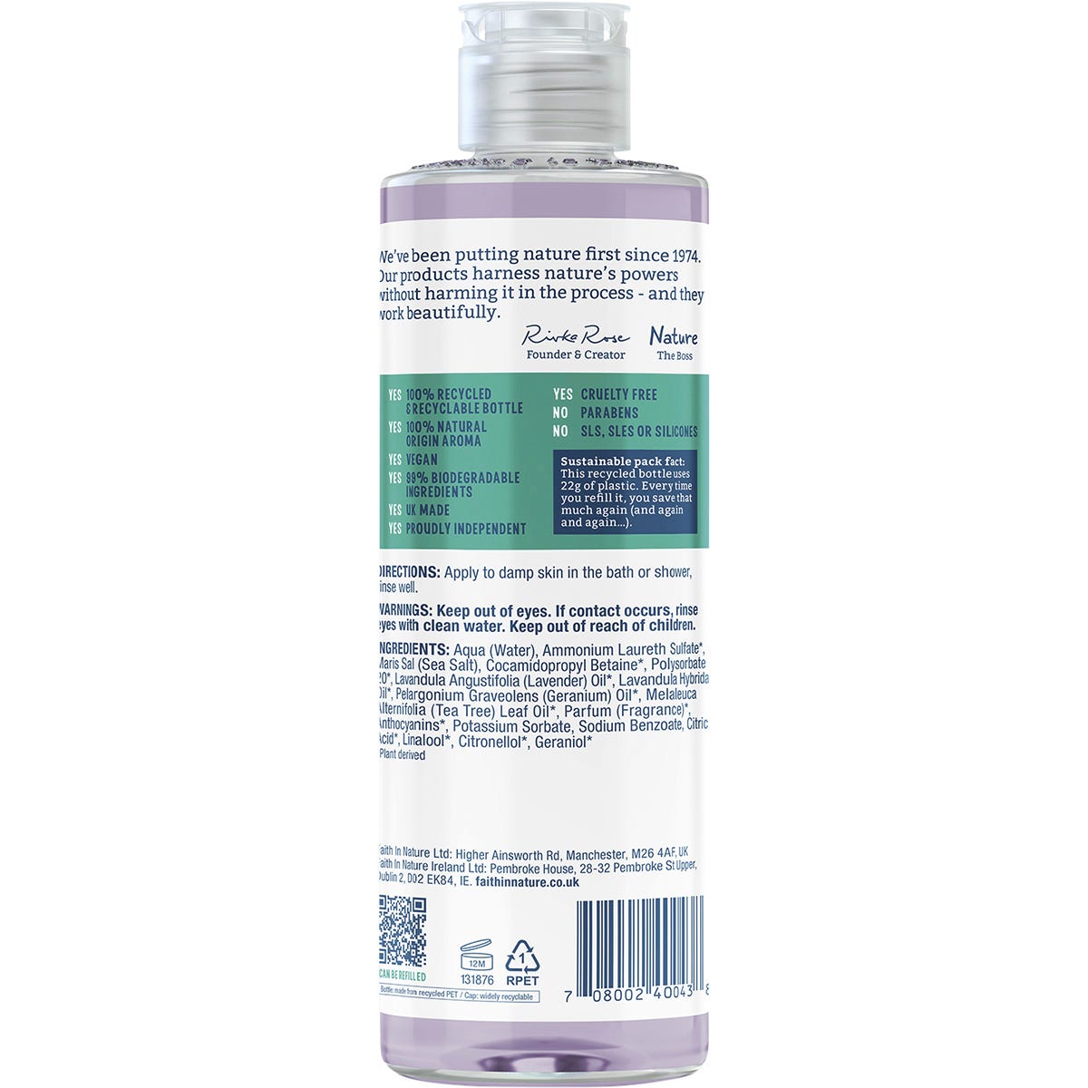 Back of a 400ml Faith In Nature Lavender and Geranium Body Wash bottle showing ingredients and directions.