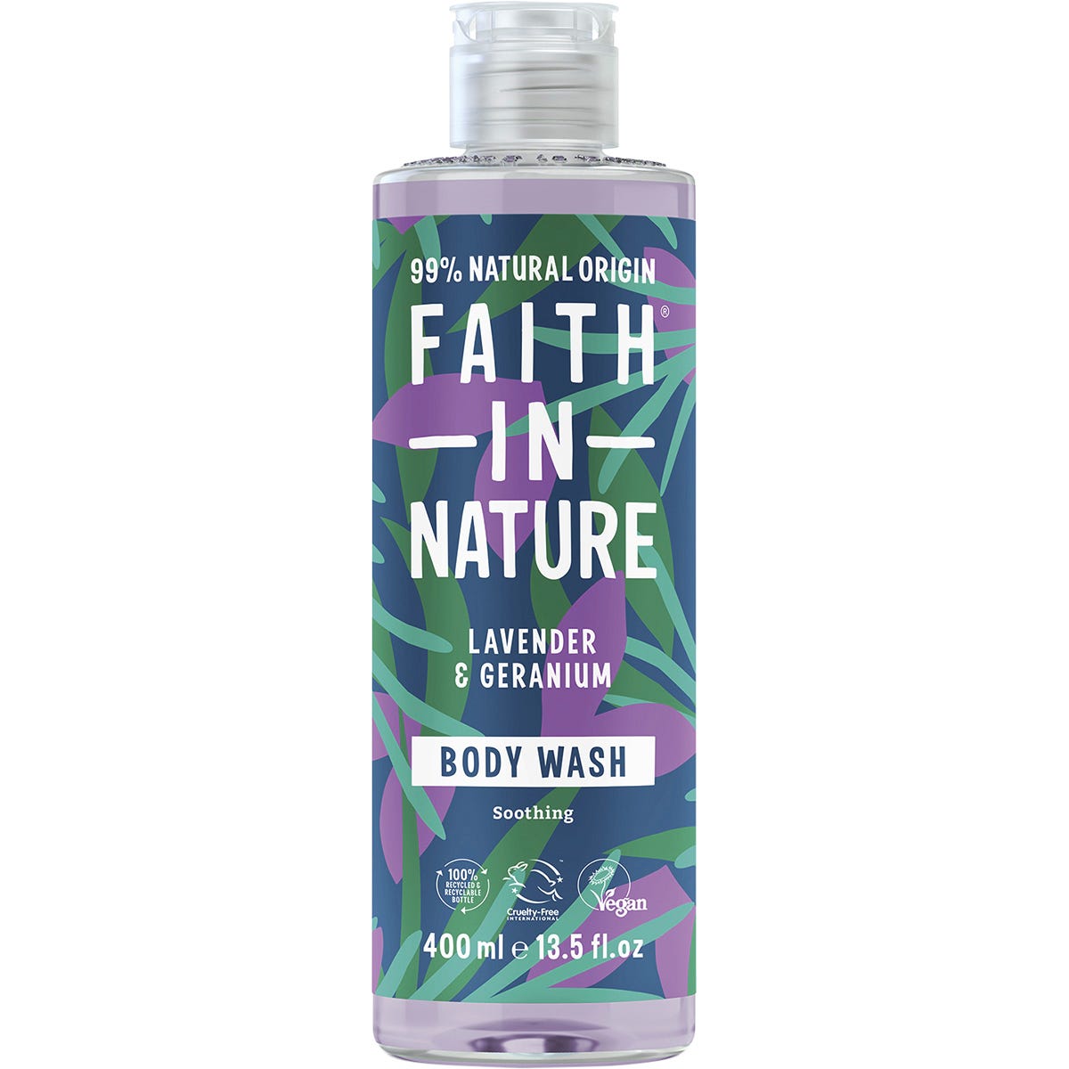 400ml bottle of Faith In Nature Lavender and Geranium Body Wash with a purple label and black cap.