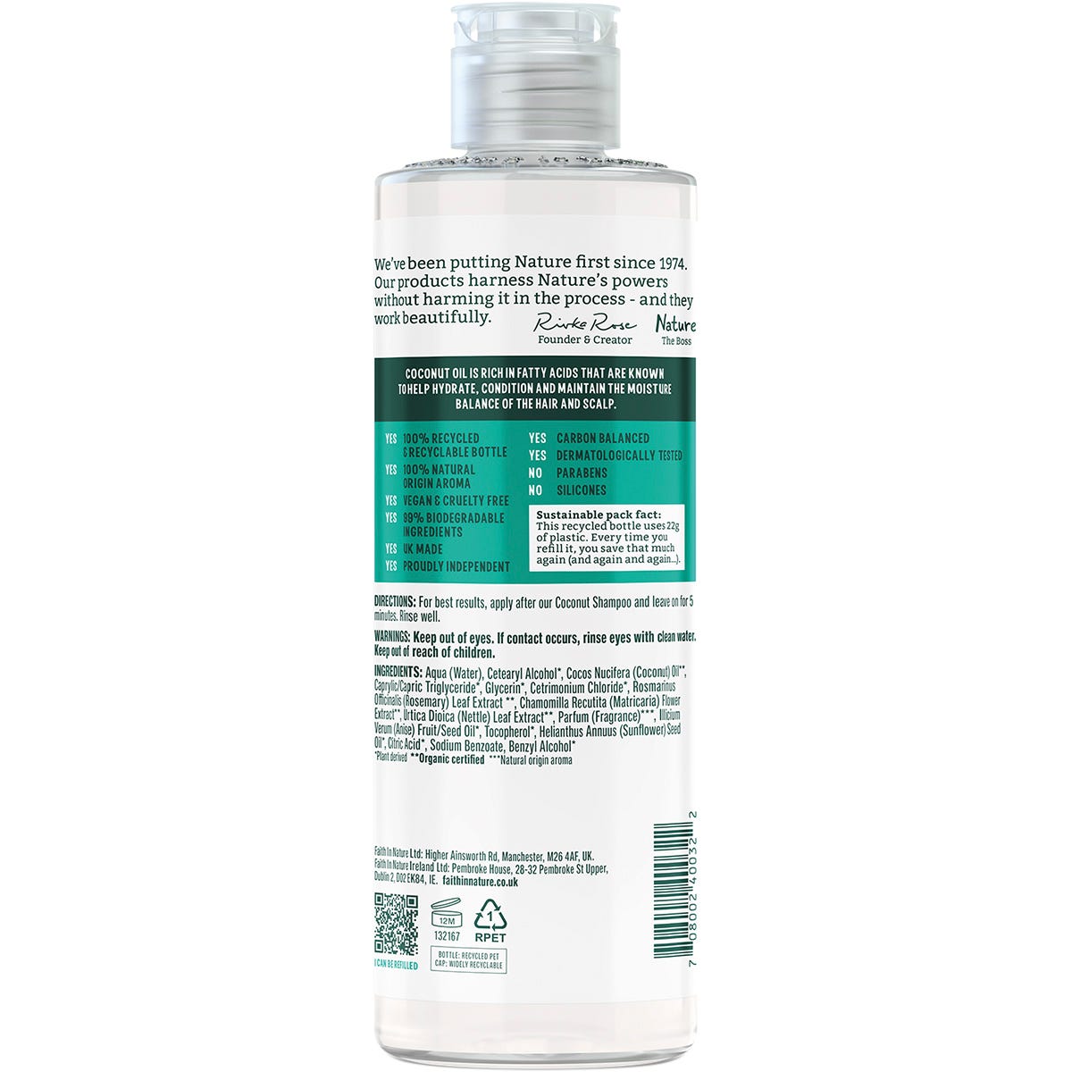 Back view of a 400ml bottle of Faith In Nature Coconut Conditioner showing ingredients and usage instructions.