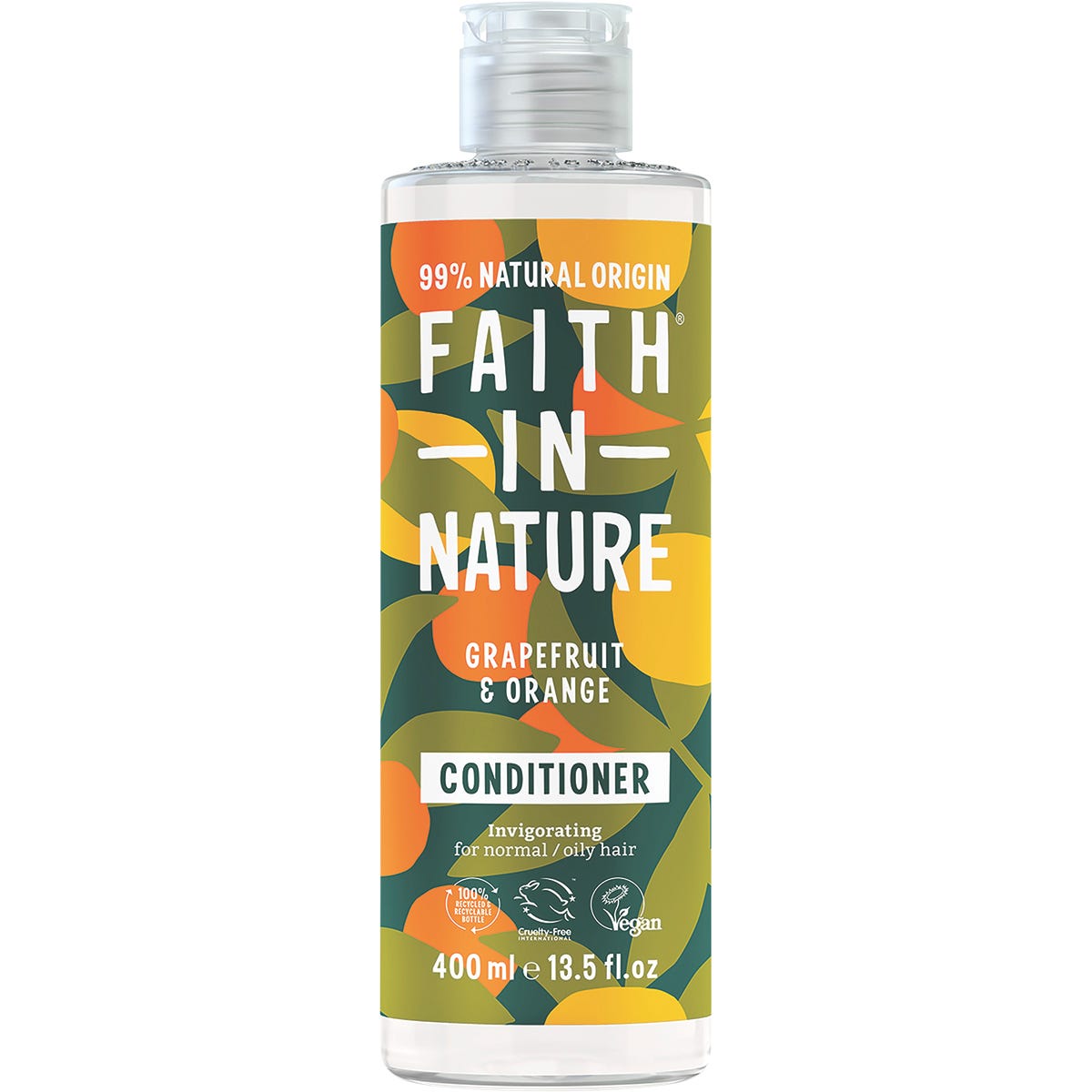 400ml bottle of Faith In Nature Grapefruit and Orange conditioner for normal to oily hair on a white background.