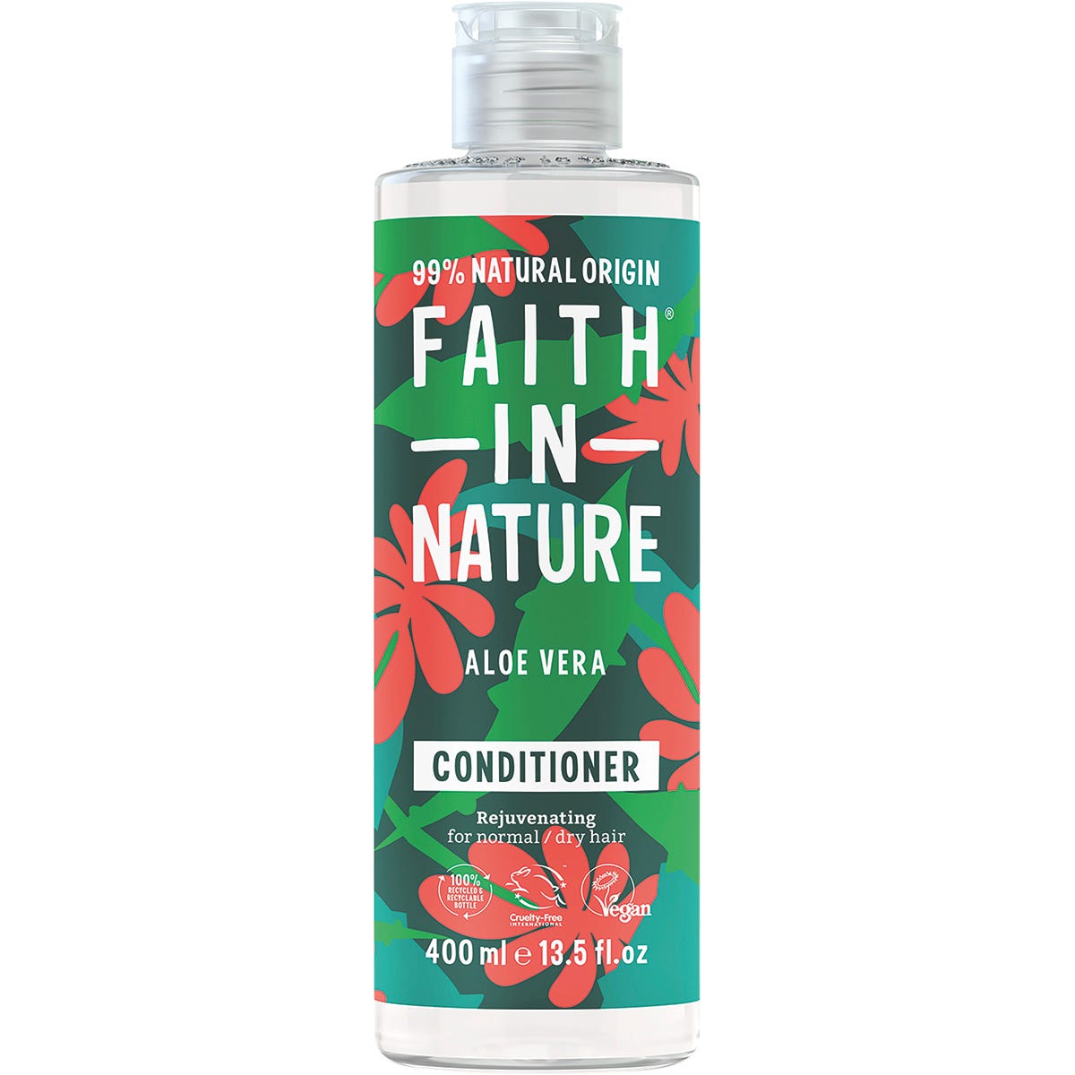 400ml bottle of Faith In Nature Rejuvenating Aloe Vera Conditioner with a green label and black cap.