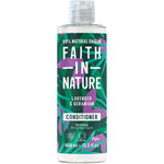 400ml bottle of Faith In Nature Lavender and Geranium Conditioner featuring purple floral illustrations.