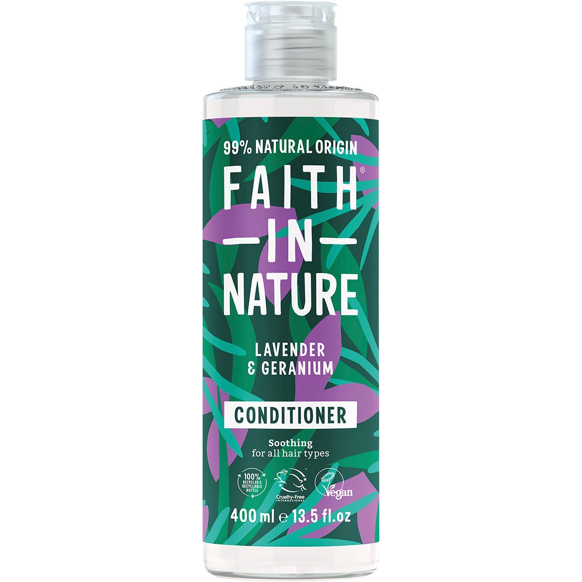 400ml bottle of Faith In Nature Lavender and Geranium Conditioner featuring purple floral illustrations.