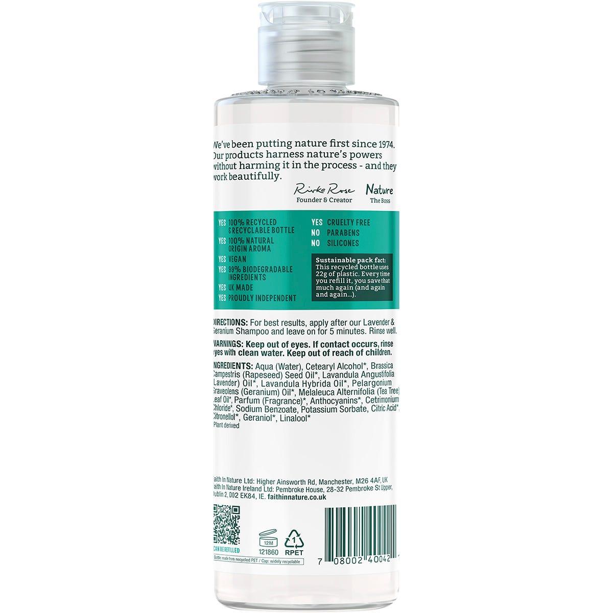 Faith In Nature 400ml Lavender and Geranium Conditioner bottle on a white background.