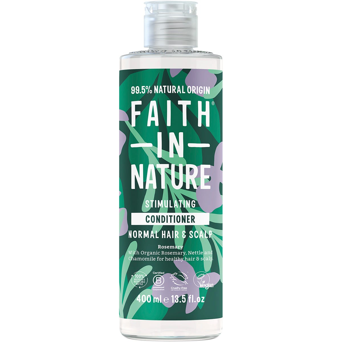 400ml bottle of Faith In Nature Rosemary Conditioner with a green label featuring rosemary botanical illustrations.