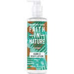 400ml pump bottle of Faith In Nature Hydrating Coconut Hand and Body Lotion with a blue and white label.
