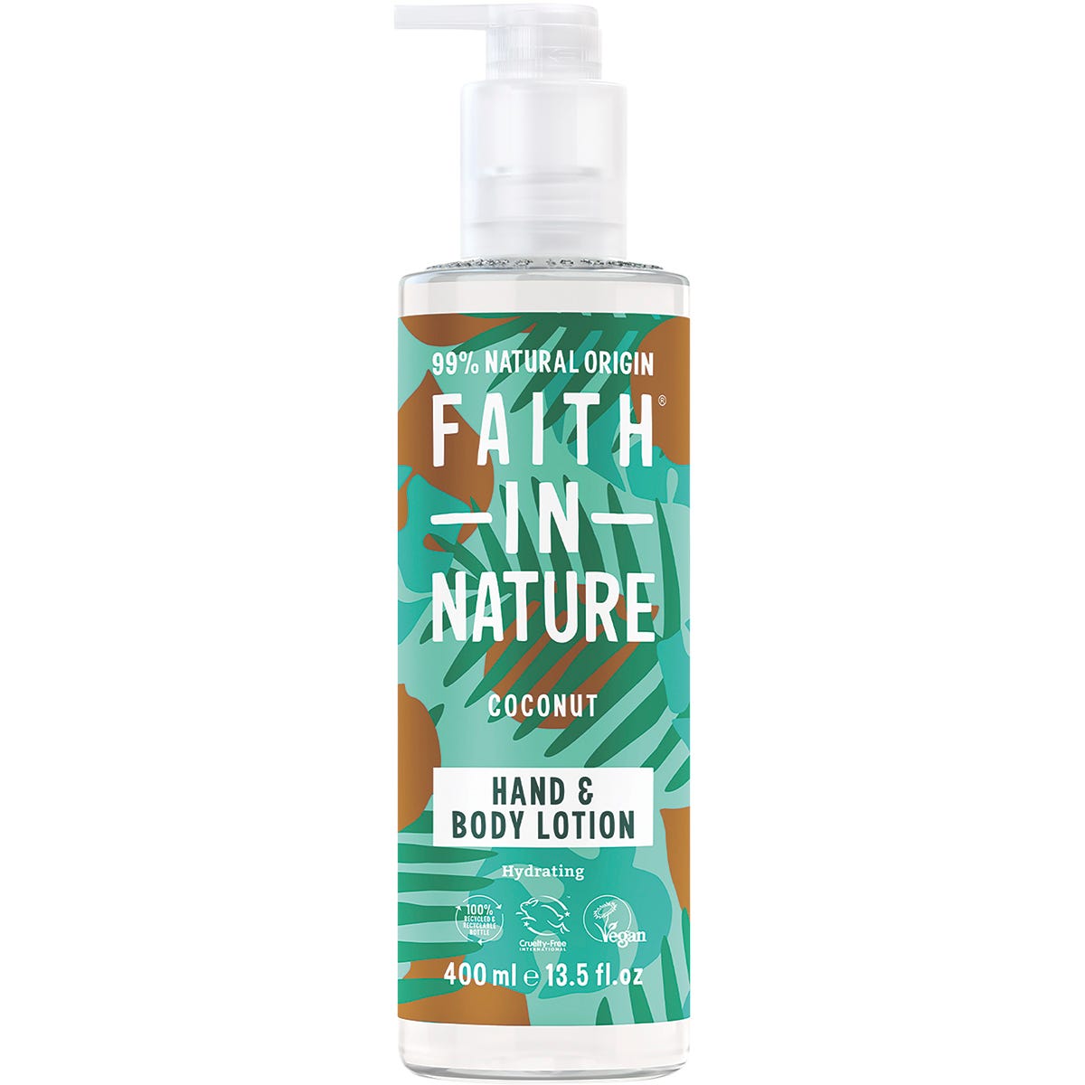 400ml pump bottle of Faith In Nature Hydrating Coconut Hand and Body Lotion with a blue and white label.
