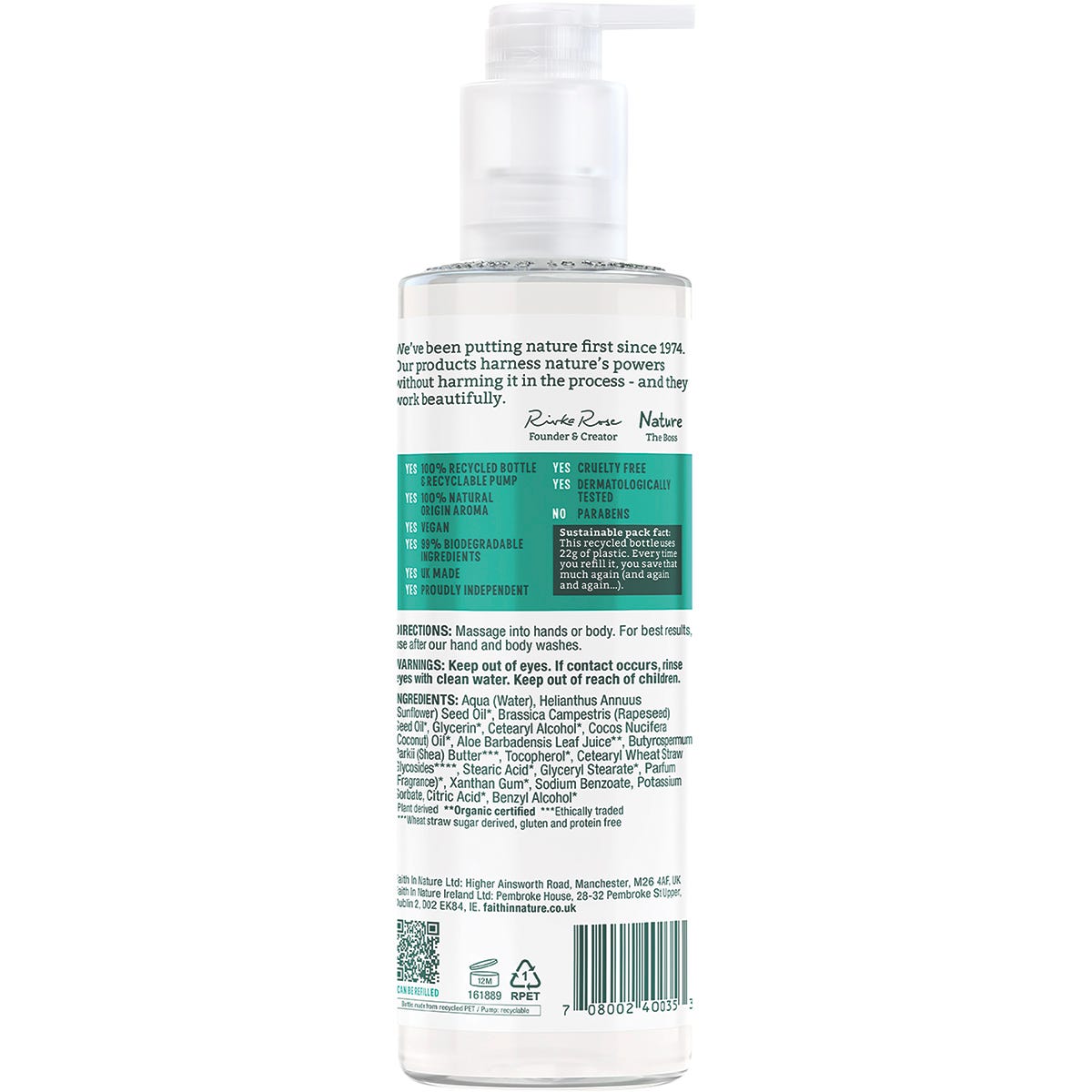 Back of 400ml Faith In Nature Hydrating Coconut Hand and Body Lotion bottle showing product details and ingredients.
