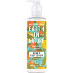400ml pump bottle of Faith In Nature Grapefruit & Orange hand and body lotion with a colorful botanical label.
