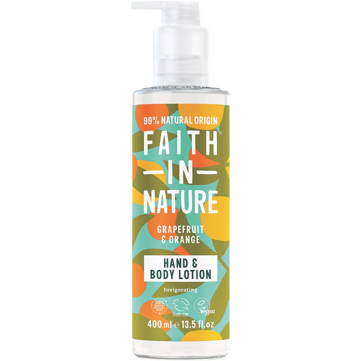 400ml pump bottle of Faith In Nature Grapefruit & Orange hand and body lotion with a colorful botanical label.